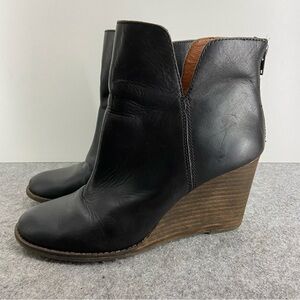 Lucky Brand Yolene Black Leather Wedge Heeled Ankle Boots Women’s size 39/8